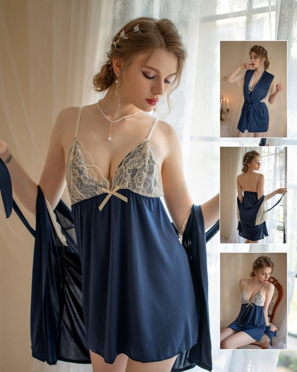 Best Q 3 Piece Satin Silk Embraided Nighty with Gown❤️